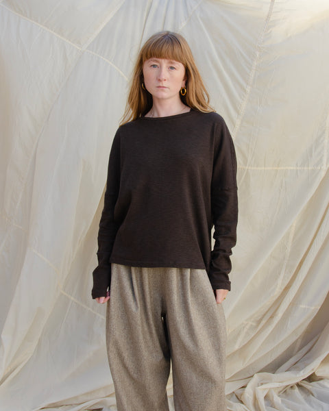 AJ117 Chocolate Long Sleeved Striped Cotton Tee