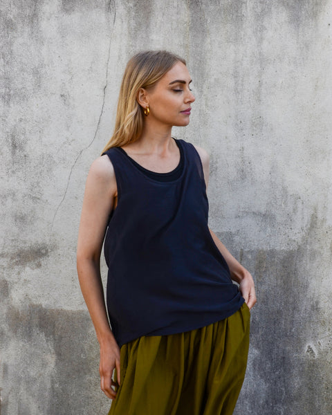 Black Crane Silk Mix Loose Camisole Top
