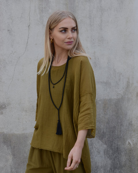 Black Crane Silk Mix Oversized Top | Olive