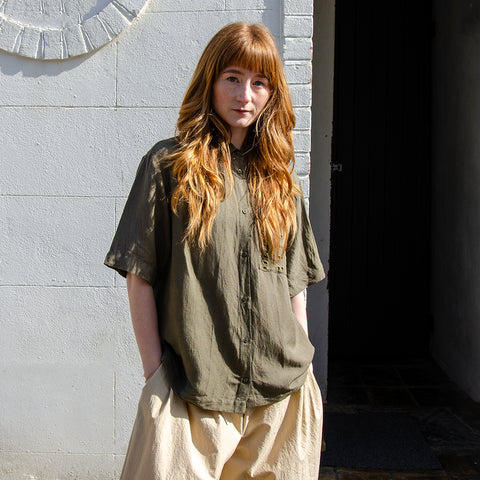 Khaki Embroidered Linen Short Sleeve Shirt