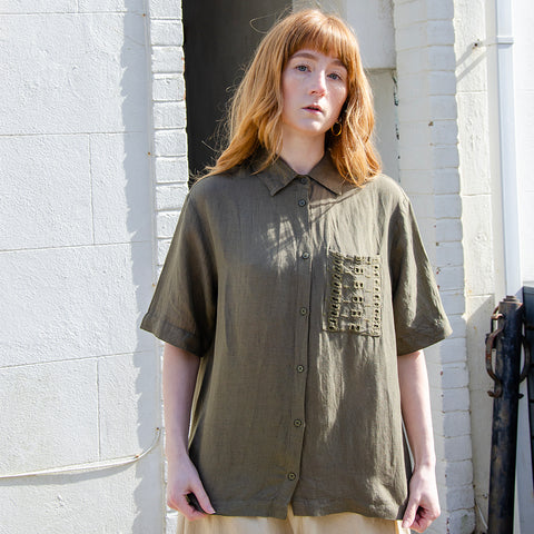 Khaki Embroidered Linen Short Sleeve Shirt