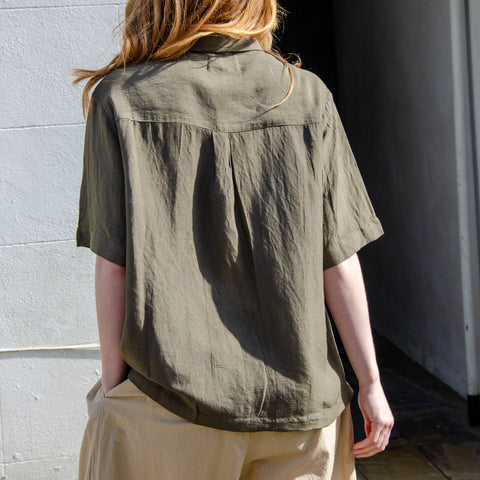 Khaki Embroidered Linen Short Sleeve Shirt