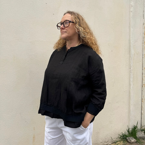 Aequamente Boxy Black Linen Top