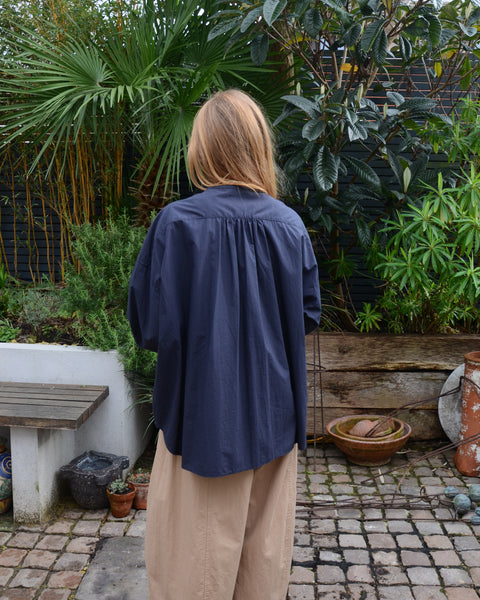 Kagure Navy Cotton Wide Frill Shirt