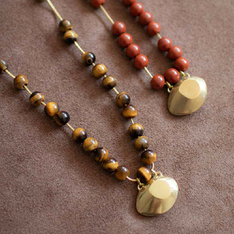 Tigers Eye Bead Necklace With Brass Oval Shape